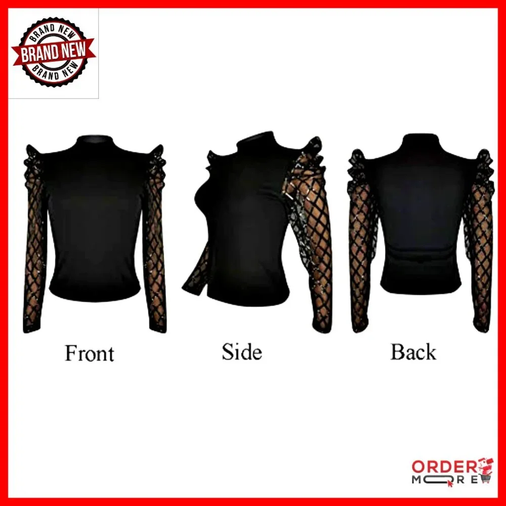 Sequin Mesh Long Sleeve Mock Neck Blouse Slim Fit Party Top - Picture 4 of 7